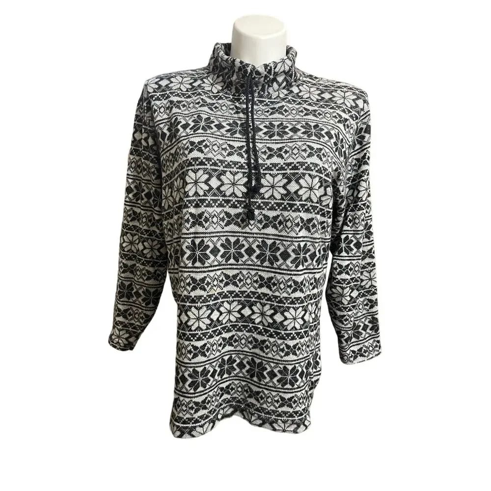 Vintage 90s Stefano International L Sweater Black & White Nordic Print Mock Neck